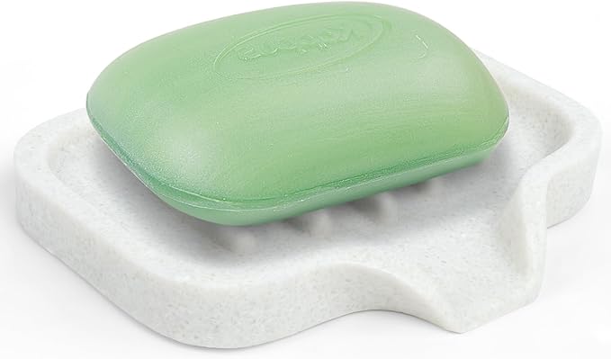 Self Draining Soap Dish- Bar Soap Holder for Shower, Marble Design Large Soap Savers Soap Tray Sponge Holder for Kitchen Bathroom Bathtub Sink, Crystal White