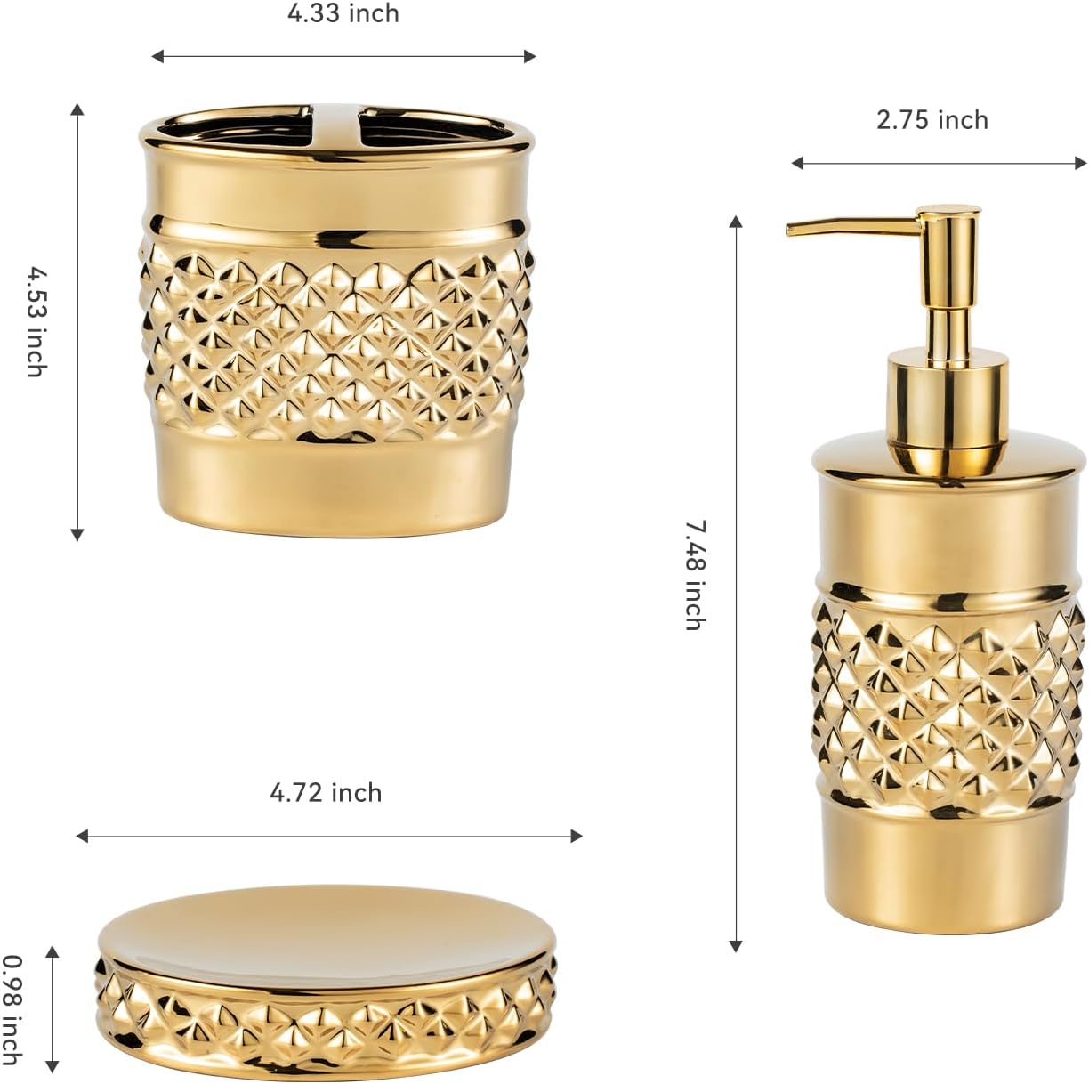 3-Piece Gold Ceramic Bathroom Accessories Set - Luxurious Soap Dispenser, Toothbrush Holder & Soap Dish with Modern Geo Embossed Design for Bathroom Accessory Set