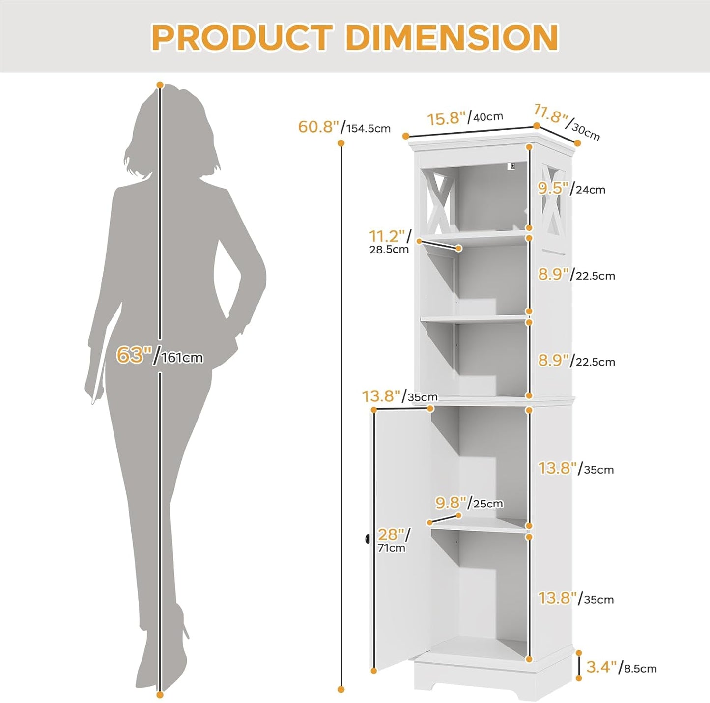 Tall Bathroom Storage Cabinet with Door and Open Adjustable Shelves, 60.9" H Wooden Tower Corner Narrow Farmhouse Cabinet, Freestanding Organizer for Kitchen, Entryway White