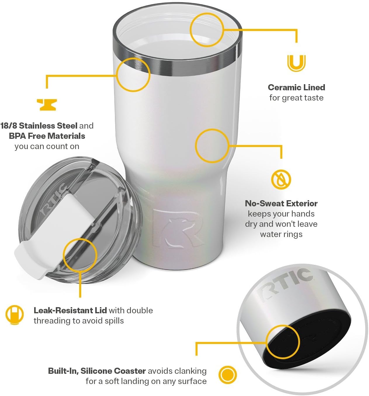 RTIC 20oz Essential Tumbler with Lid, Ceramic Lined, Insulated, Stainless Steel, Metal, Double Wall Vacuum-Insulation, Travel Cup for Iced Coffee, Tea, Hot and Cold Drink, Cool Grey Glitter