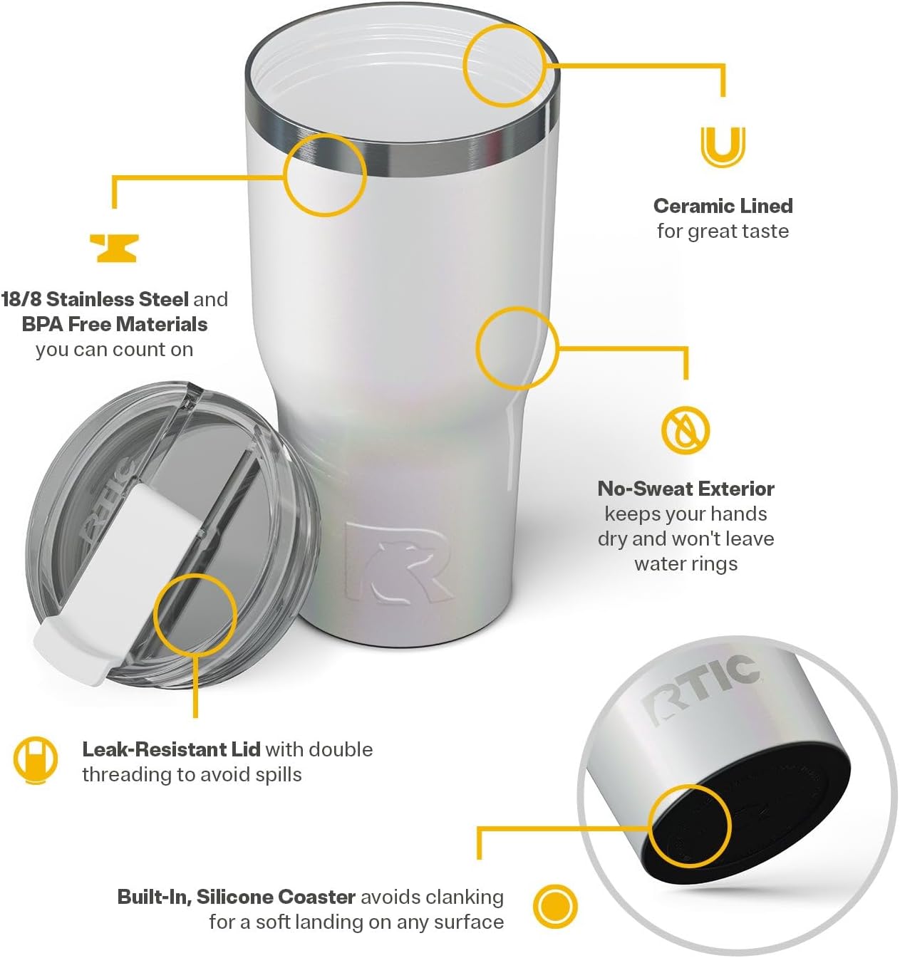 RTIC 30oz Essential Tumbler with Lid, Ceramic Lined, Insulated, Stainless Steel, Metal, Double Wall Vacuum-Insulation, Travel Cup for Iced Coffee, Tea, Hot and Cold Drink, Cool Grey Glitter