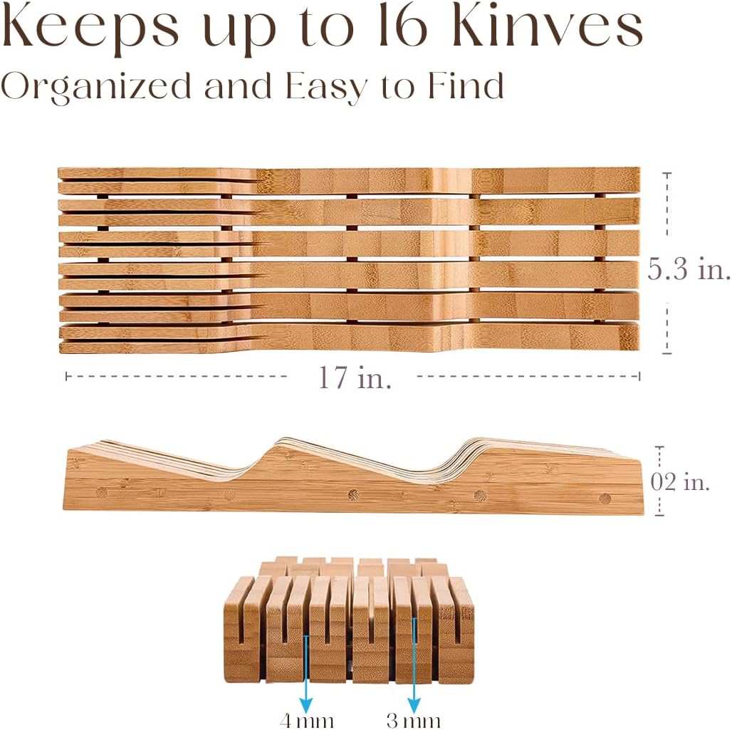 Bellemain 100% Pure Bamboo in Drawer Knife Block | 16 Knife Slots Knife Drawer Organizer | Store Knives Safely with The Blades Down | Storage Solution for Your Kitchen | Knife Organizer Drawer Insert