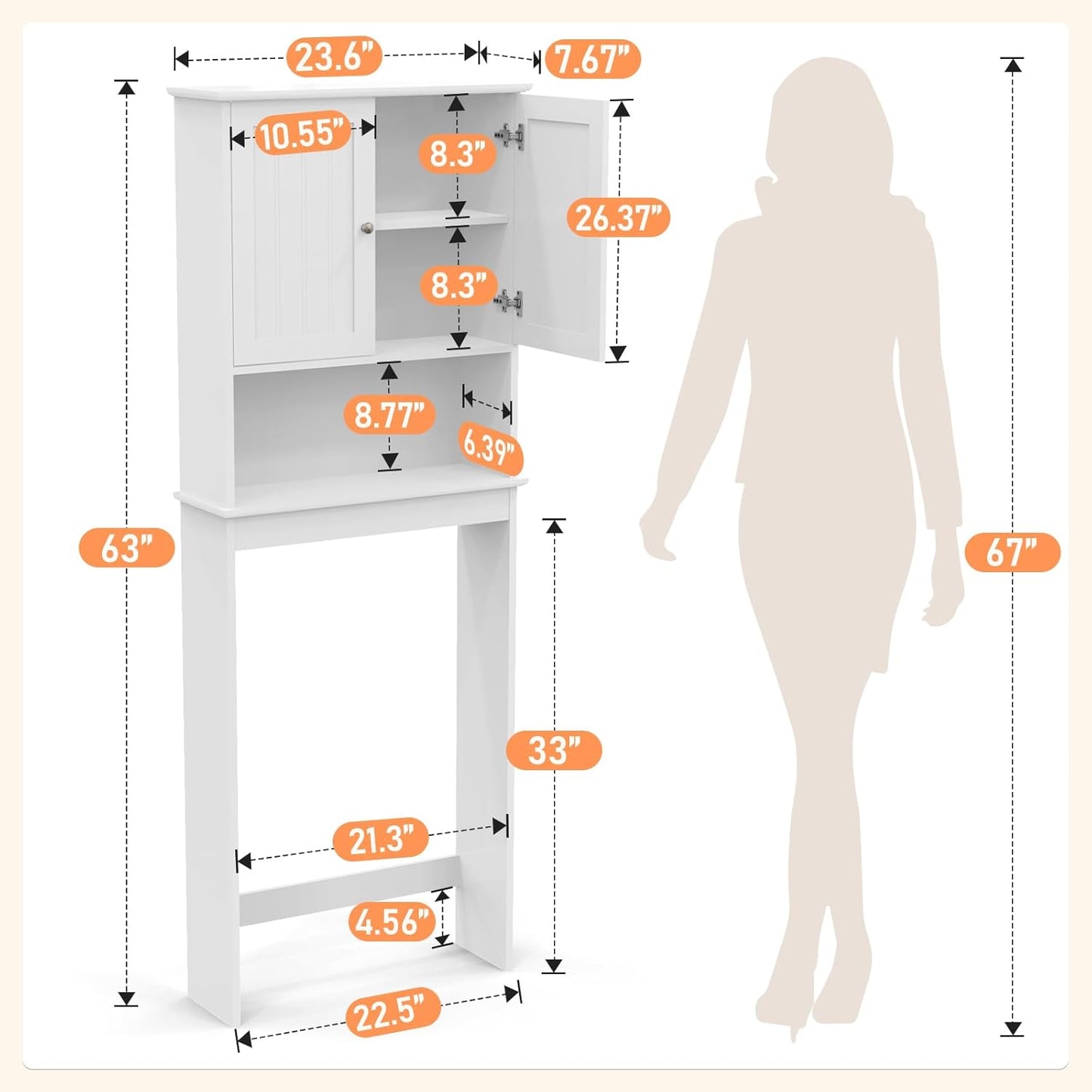 Over The Toilet Storage Cabinet, Behind Toilet Bathroom Organizer with Adjustable Shelves, Above Toilet Organizers with Barn Door, Space Saver for Restroom, Bathroom, Laundry