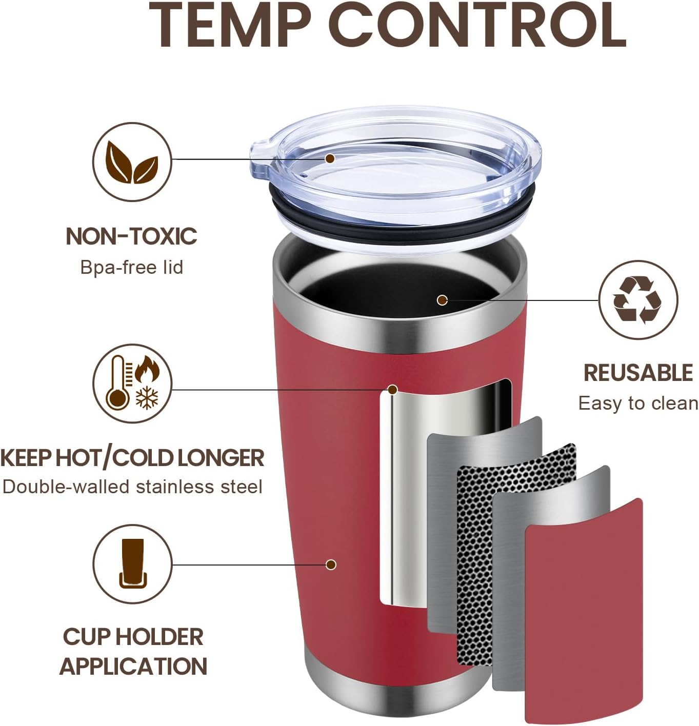 MEWAY 20oz Tumbler 4 Pack Double Wall Vacuum Insulated Travel Mug Bulk, Stainless Steel Tumblers with Lid and Straw, Powder Coated Coffee Cups for Cold & Hot Drinks (Red, Set of 4)