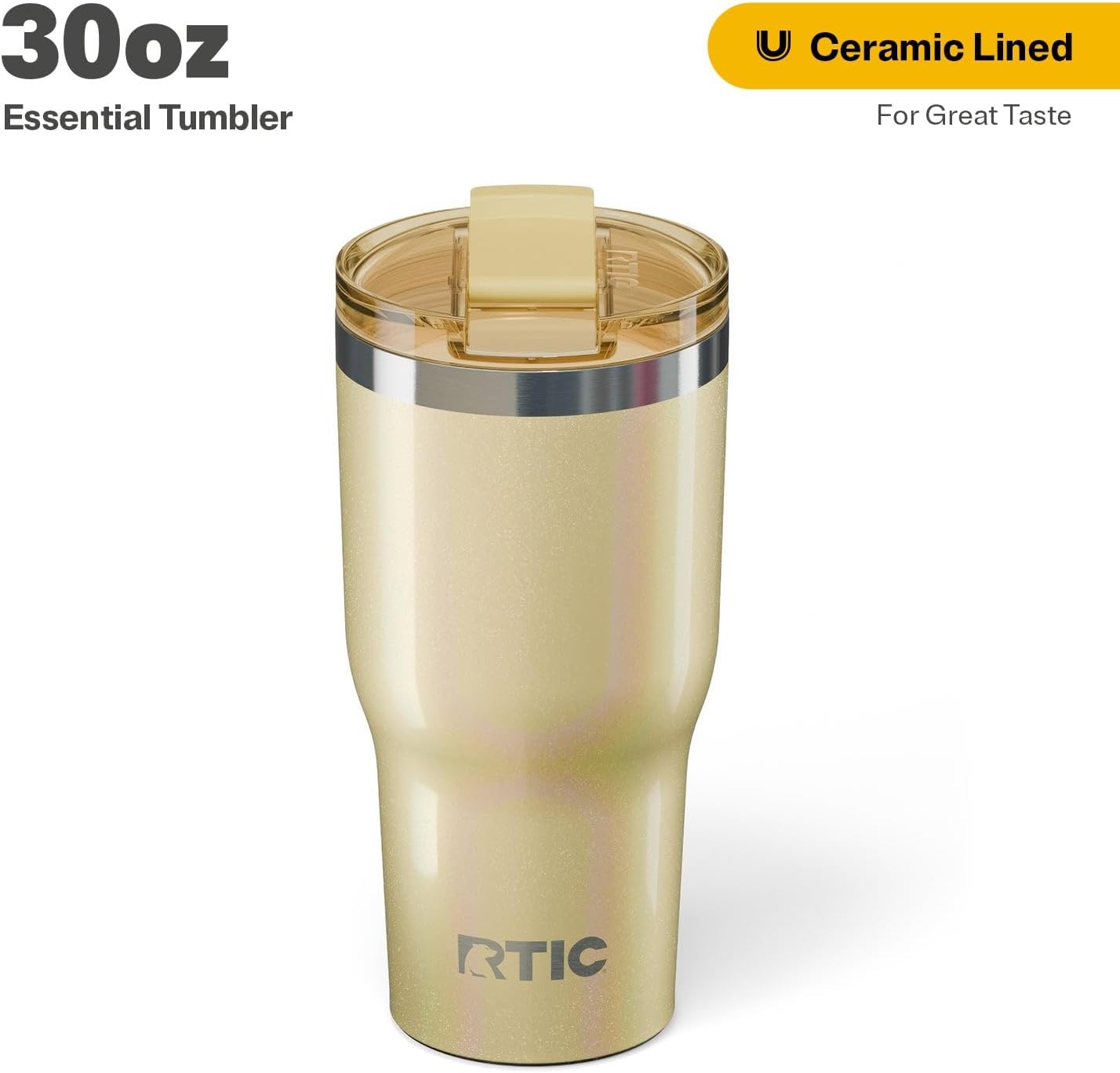 RTIC 30oz Essential Tumbler with Lid, Ceramic Lined, Insulated, Stainless Steel, Metal, Double Wall Vacuum-Insulation, Travel Cup for Iced Coffee, Tea, Hot and Cold Drink, Sunlight Glitter