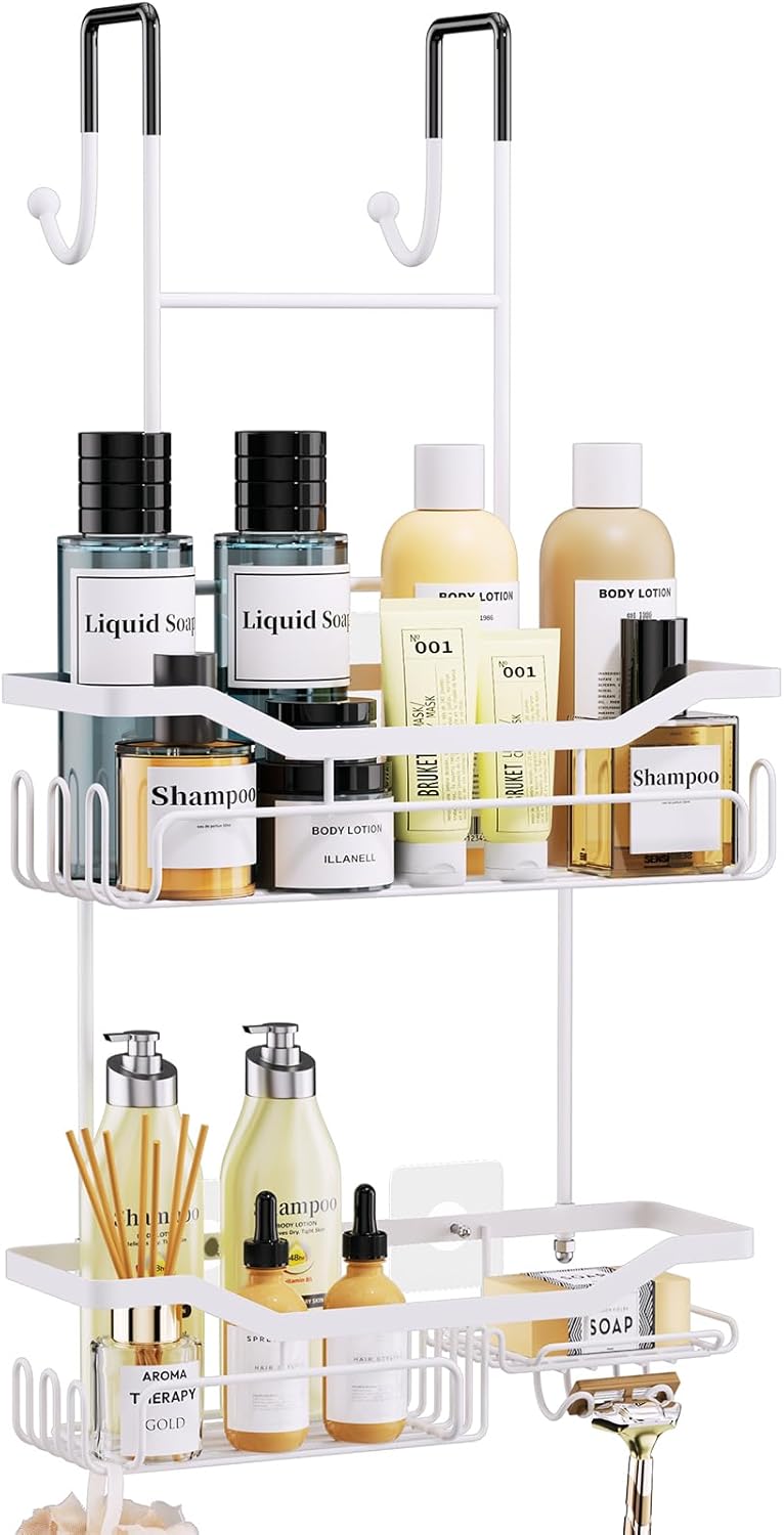 HapiRm Hanging Shower Caddy Over the Door with Soap Holder, No Drilling Adhesive Shower Organizer with 11 Hooks, Rustproof & Waterproof 304 Stainless Steel Bathroom Shelves - White