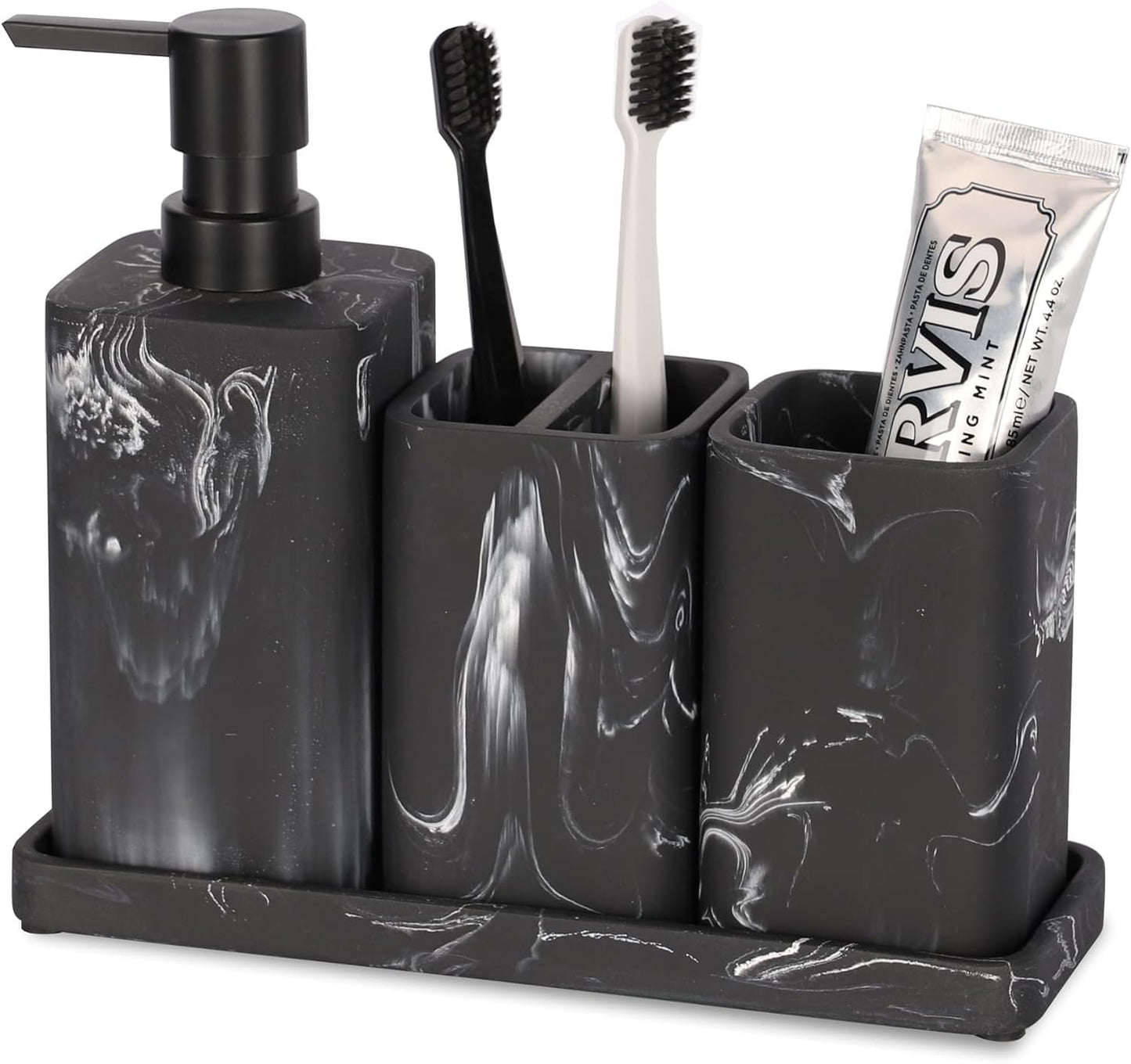 ZCCZ Black Bathroom Accessory Sets, 4 Pieces Bathroom Accessories Complete Set Vanity Countertop Accessory Set Marble Look, Includes Lotion Dispenser Soap Pump, Tumbler, Toothbrush Holder and Tray
