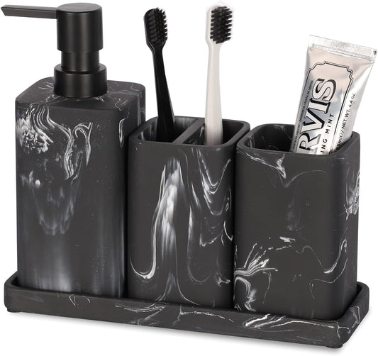 ZCCZ Black Bathroom Accessory Sets, 4 Pieces Bathroom Accessories Complete Set Vanity Countertop Accessory Set Marble Look, Includes Lotion Dispenser Soap Pump, Tumbler, Toothbrush Holder and Tray