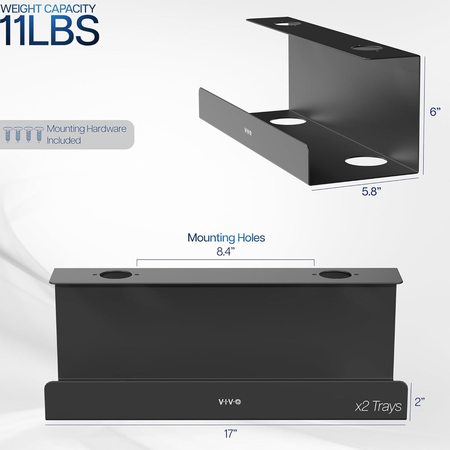 VIVO Under Desk 17 inch Extra Deep Cable Management Trays, Power Strip Holders, Cord Organizers, Wire Tamers for Office and Home, Black, 2 Pack, DESK-AC16-2C