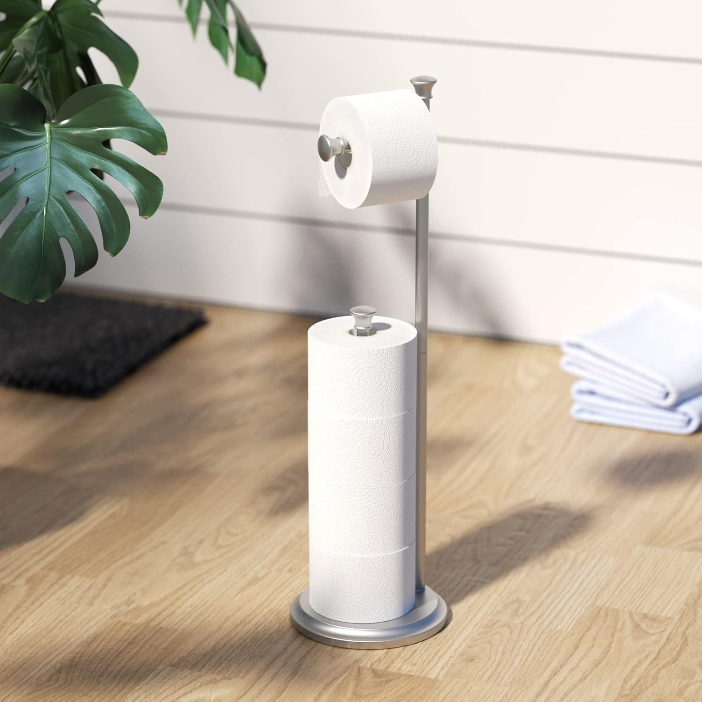 Free Standing Toilet Paper Holder Stand Brushed Nickel Toilet Roll Stand Bathroom Tissue Rack with Storage Reserves 5 Mega Rolls