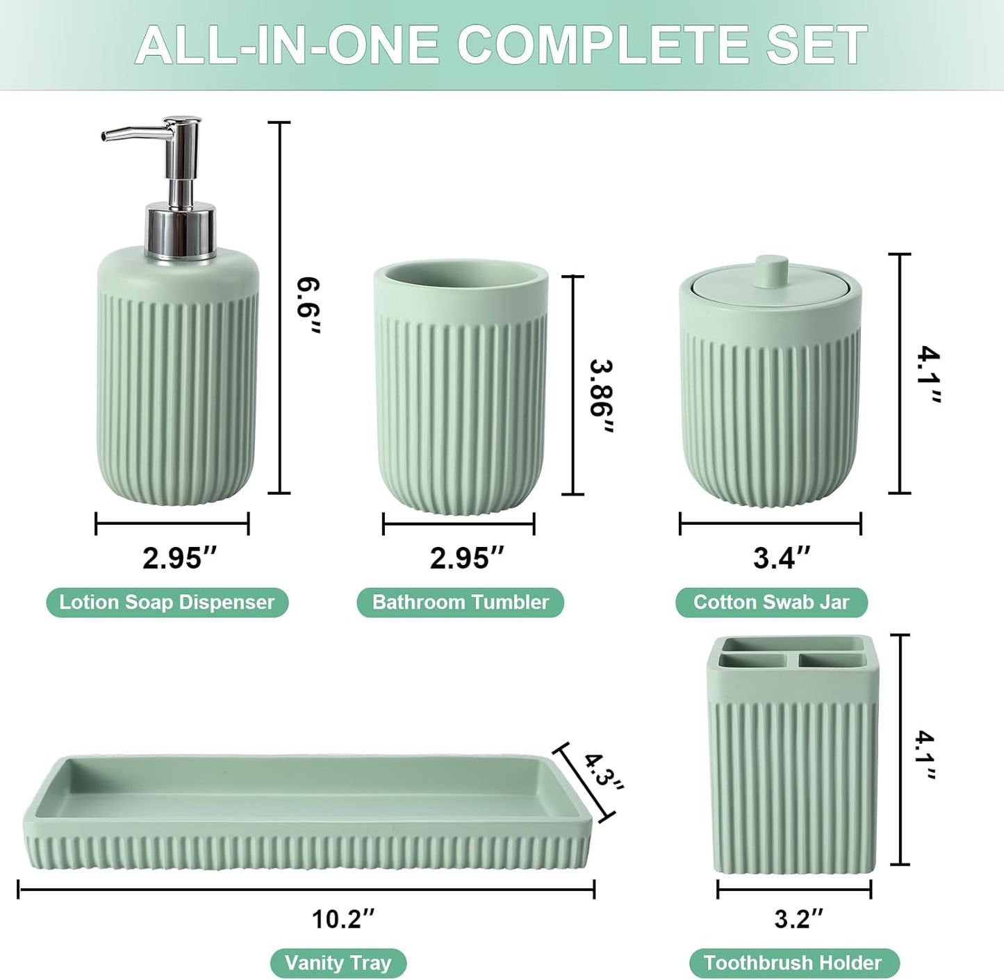 Resin Light Green Bathroom Accessories Set 5 Pcs, Lotion Soap Dispenser, Toothbrush Holder, Bathroom Tumbler, Qtip Holder and Vanity Tray, Bathroom Countertop Organizer Set for Modern Apartment