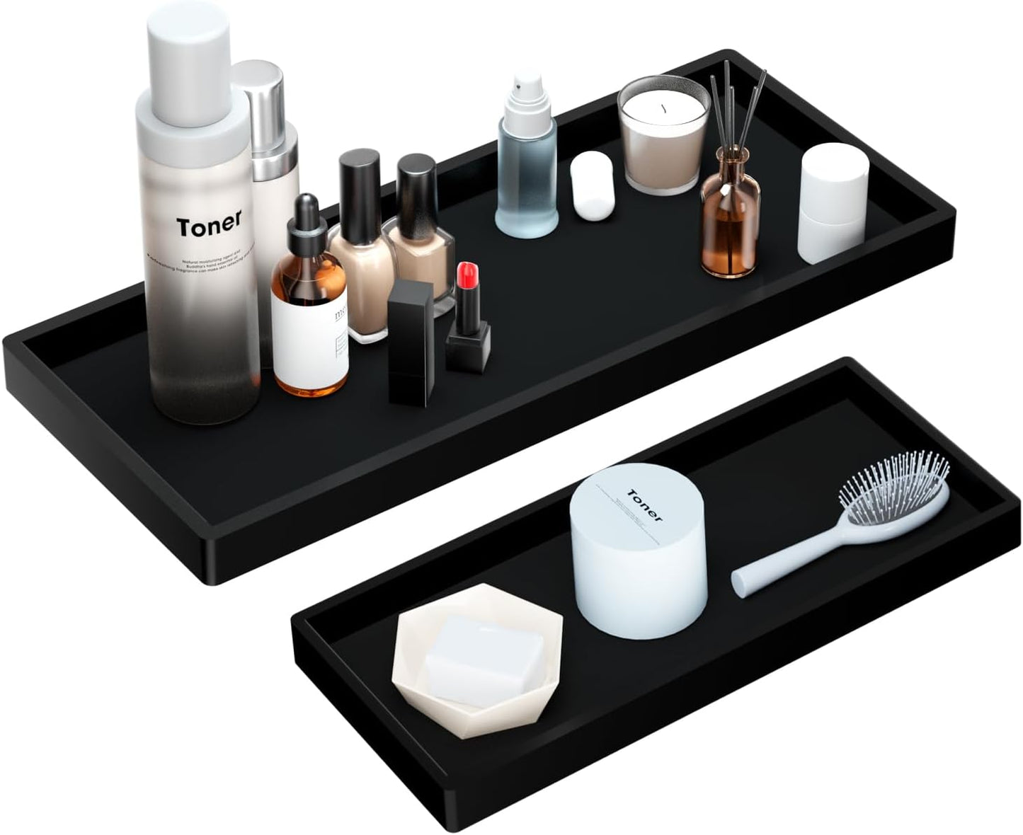 BBK Bathroom Vanity Tray- 2 Pack (7.8'' and 11.8'') Silicone Bathroom Tray for Counter, Perfume Key Trinket Ring Tray, Decor Soap Dispenser Countertop Tray for Kitchen Sink Organization.(Black) (VT2)