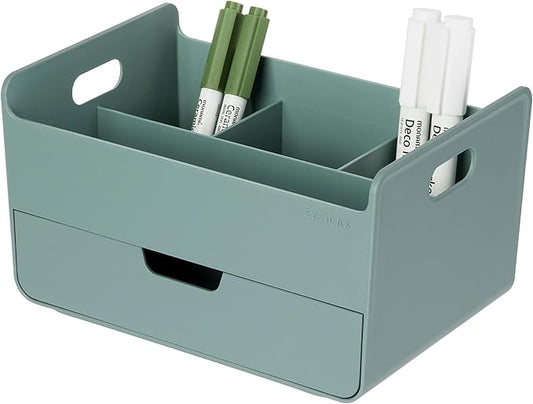 BLUE GINKGO Portable Desk Organizer – Compact 3 Compartment, Half-drawer Storage – Pen Holder, Stationery Desktop Organizer for Office, Makeup, Crafts (Made in Korea, Green)