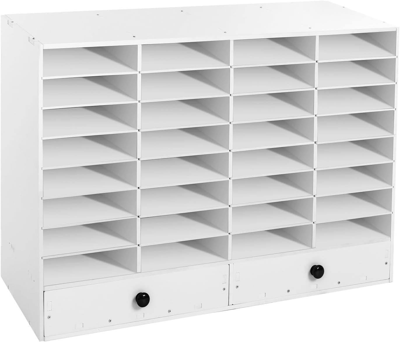 Literature Organizers, Mail Sorter Organizer Adjustable Shelves and 2 Drawers Desktop File Sorter Paper Organizer for Home School Office (White, 32 Slots with 2 Drawers)