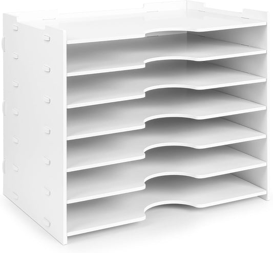 Paper Organizer Storage for Desk, 7 Tier Wide Construction File Organizer Paper Sorter, Desktop Document Storage Holder for Home Office School, White