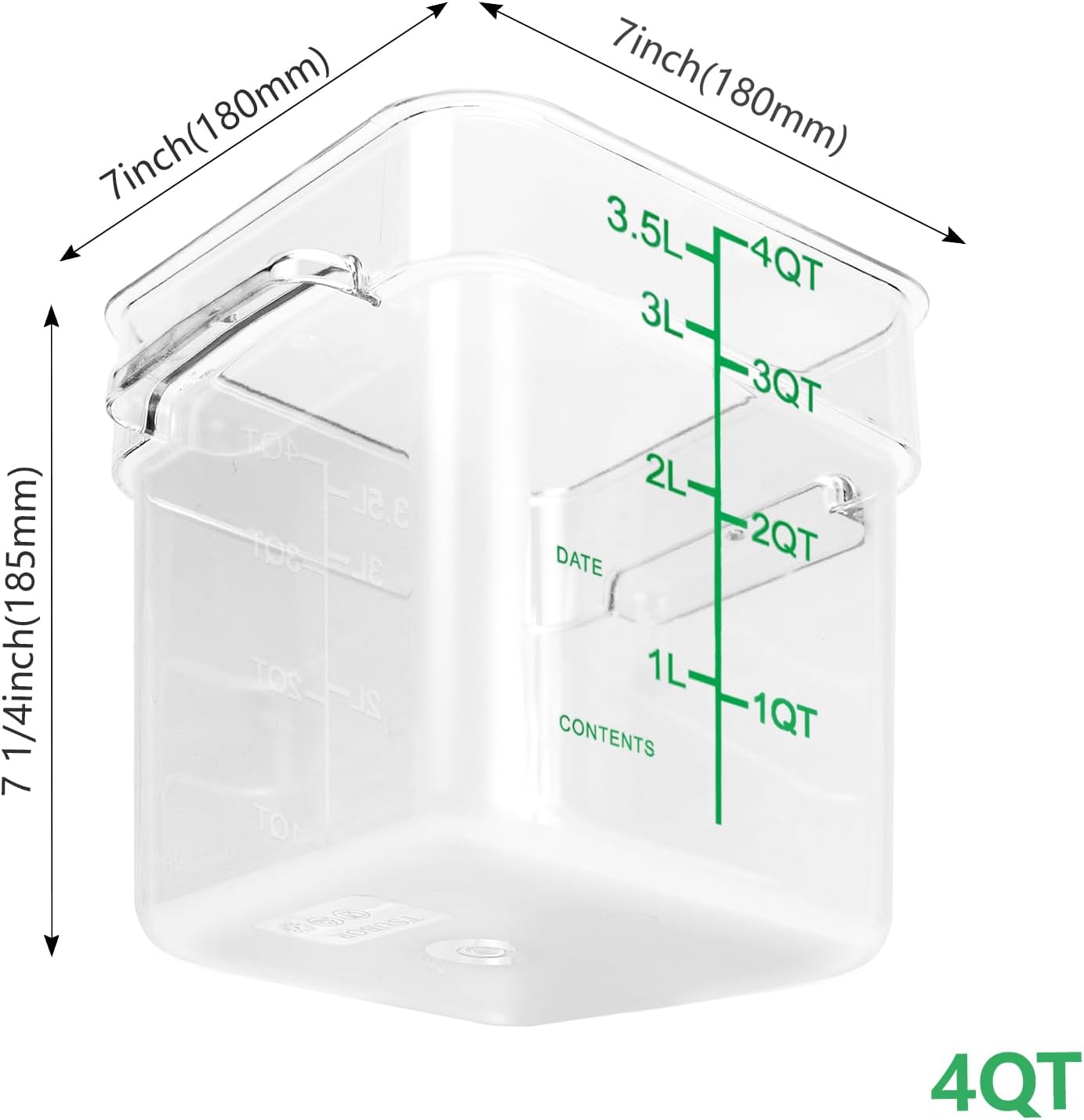 4 Pack Food Storage Containers with Green Lids, 4.0 Qt - Square, Clear, Polycarbonate