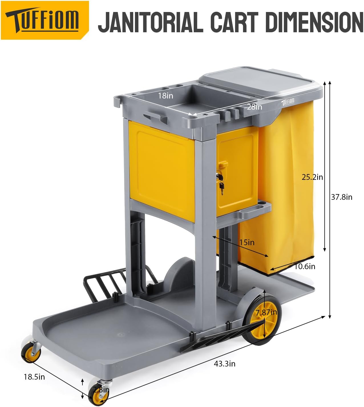 TUFFIOM Multifunctional Janitorial Cart with Key-Locking Cabinet,Cleaning Carts on Wheels,with 15 Gallon Collection Bag,500 lbs Capacity, Yellow&Gray