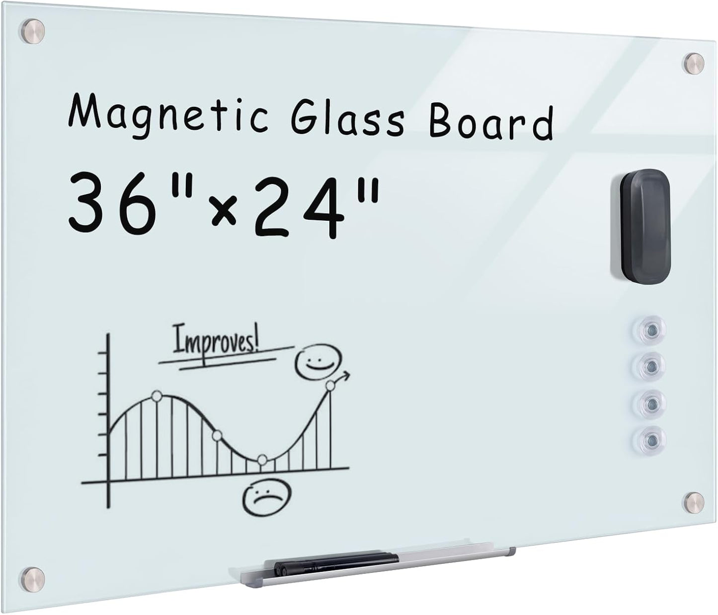 Magnetic Glass Whiteboard，36"x24" Wall Mounted Frameless Dry Erase Board for Office, Home & School White