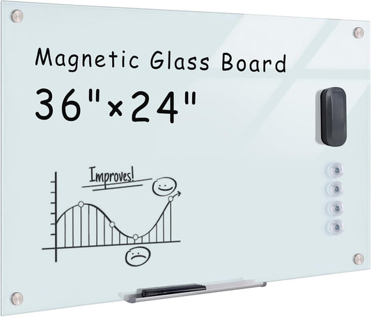 Magnetic Glass Whiteboard，36"x24" Wall Mounted Frameless Dry Erase Board for Office, Home & School White