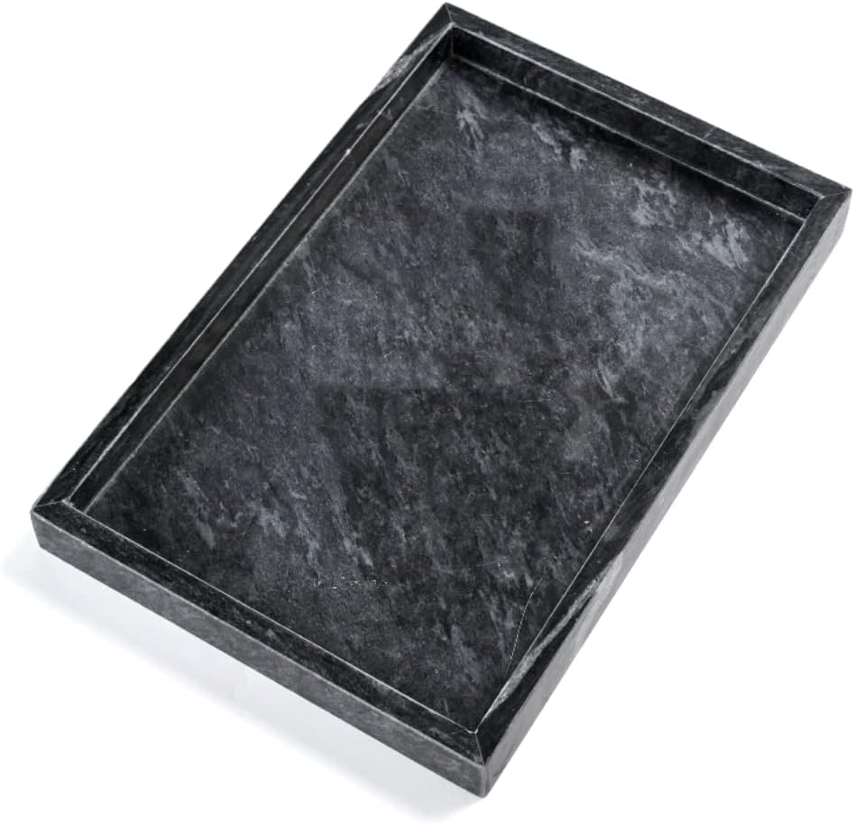 Black Marble Tray, Stone Bathroom Tray, Decorative Holder for Tissrue, Candle, Soap, Towel, Plant (Black - 10 x 6)
