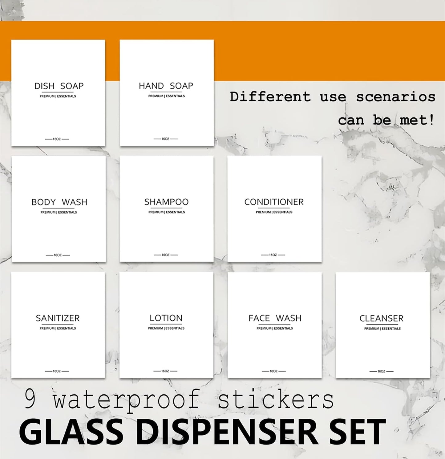 Luxury Glass Soap Dispenser Set - 2 Refillable 16.9oz Bottles, Bamboo Pump & Tray for Farmhouse & Modern Decor, 9 Waterproof Labels for Kitchen/Bathroom (Clear Bottle+White Bamboo Pumps+Tray)