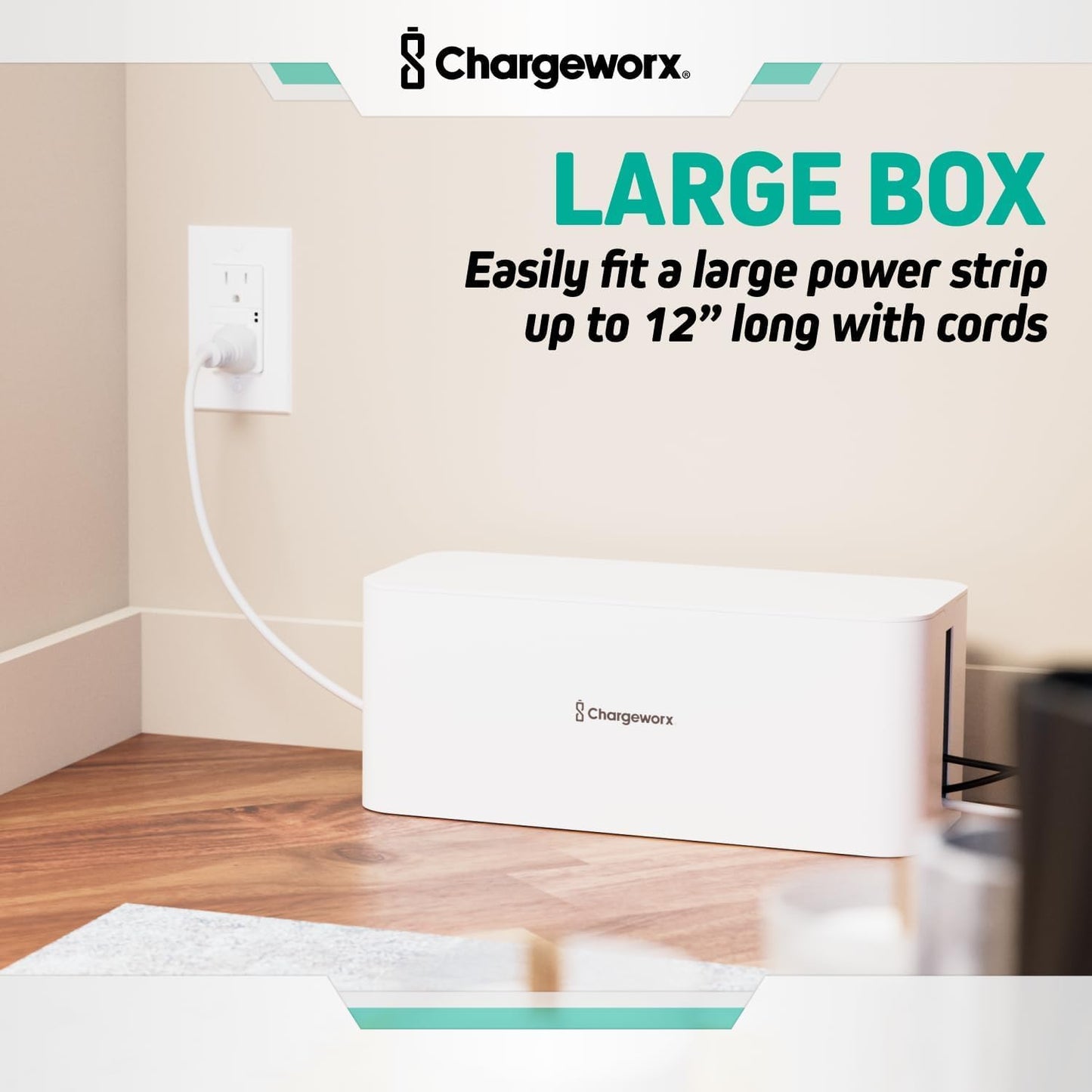 ChargeWorx Cable-Management Box Set, Cord Organizer, Cable Box to Hide Surge Protectors and Power Strips, Desk and Floor Cord Management, Home Office and TV Wire Concealer, White