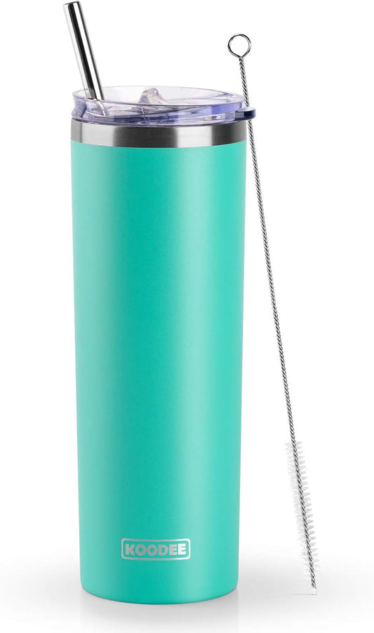 koodee 20 oz Stainless Steel Skinny Tumbler Double Wall Insulated Slim Water Tumbler Cup with Lids, Straws and Straw Brushes (Teal)