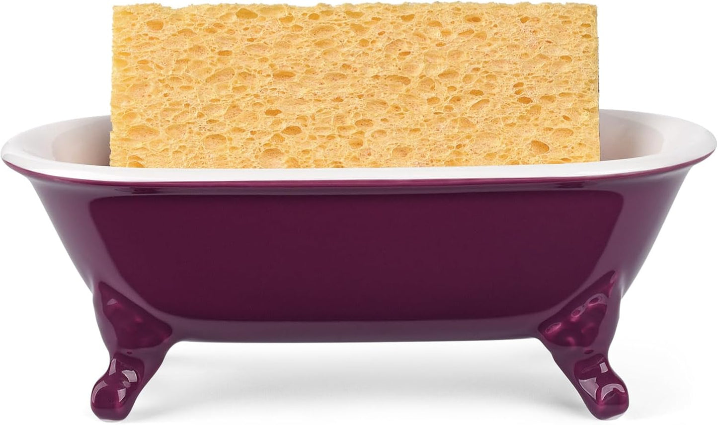 6.5" Ceramic Mini Decorative Clawfoot Bathtub Bar Soap Dish, Kitchen Sponge Holder and Shower Tray for Bathroom, 1 Pack(Burgundy)