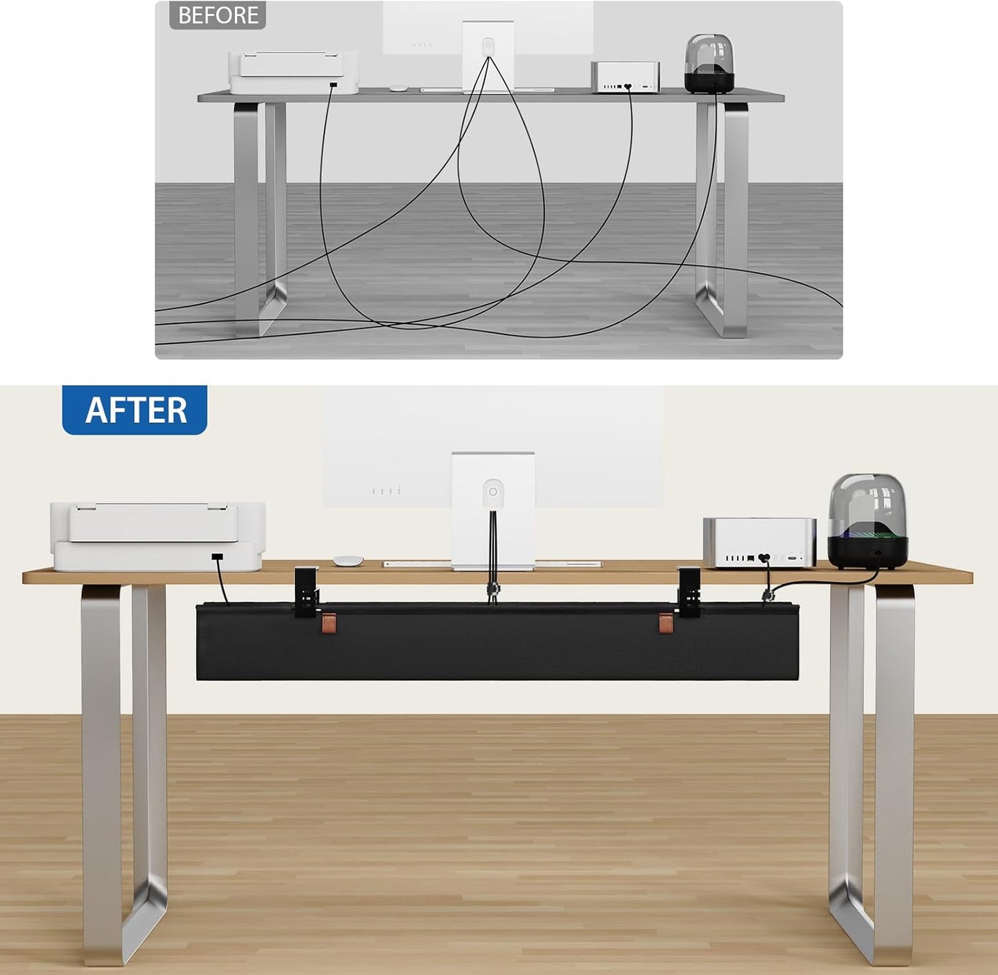 Zilink No Dril Under Desk Cable Management Tray 40" Cable Organizer Clamp/Screw Mount Premium Fabric Desk Wire Management for Office Home