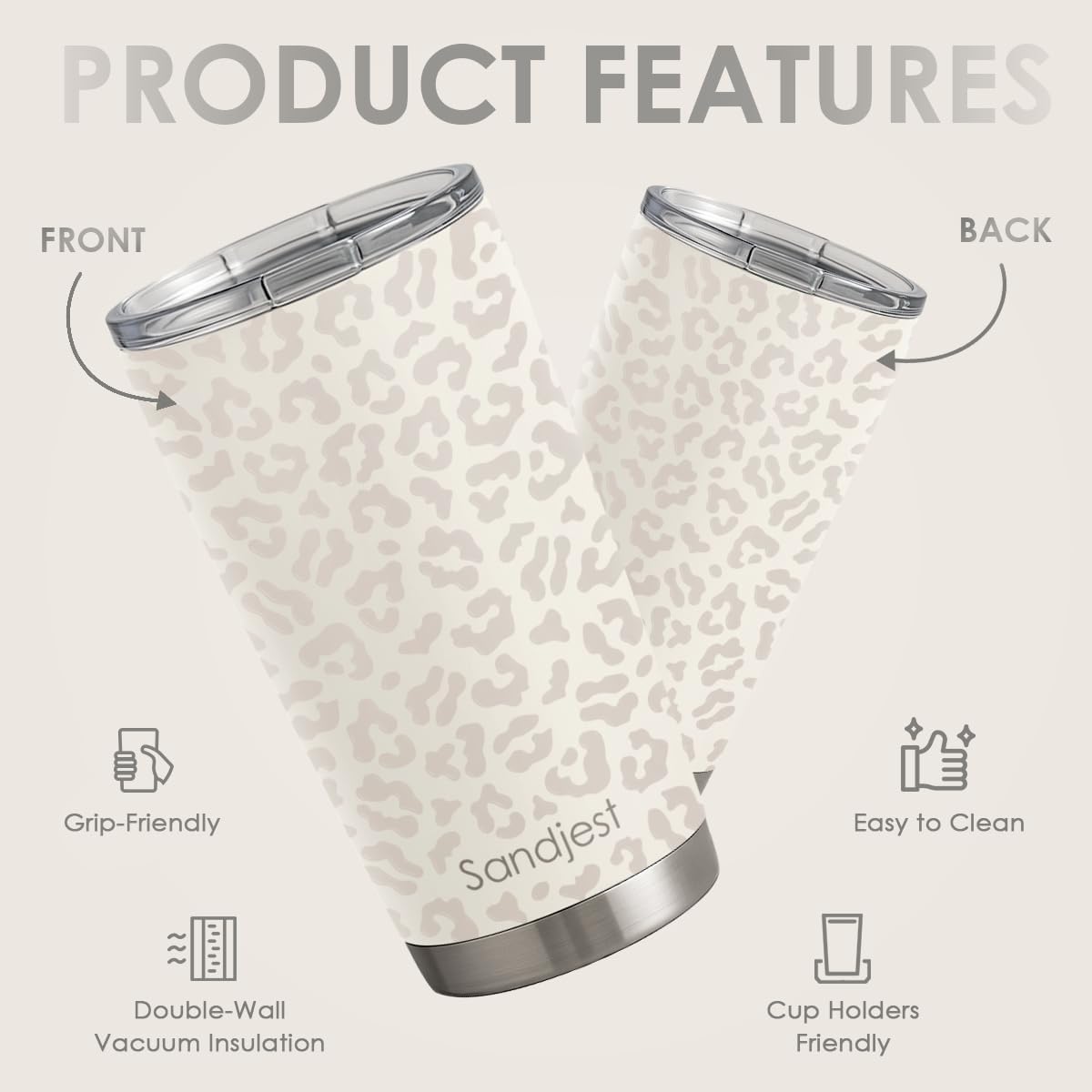 SANDJEST Leopard Print Tumbler 20oz Stainless Steel Insulated, Beige Leopard Travel Coffee Cup, Bow Gifts for Women Girls Teen, Birthday Christmas
