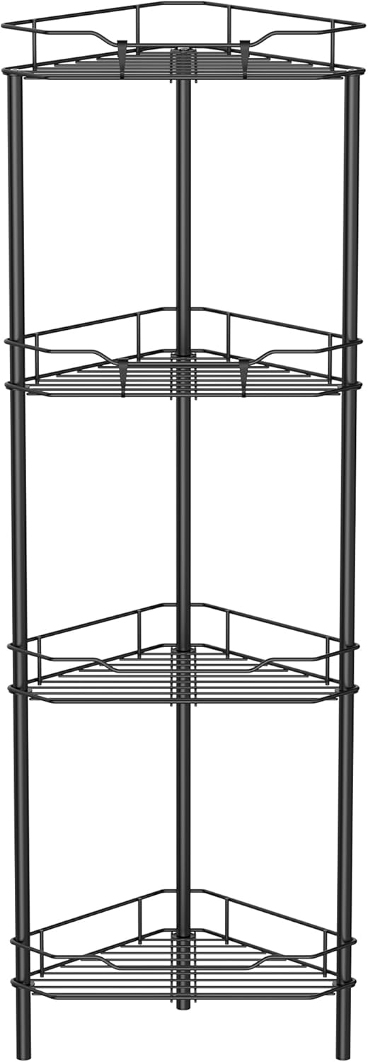 4 Tier Floor Standing Corner Shower Caddy Organizer Shelf with Hooks, Bathroom Shelves Stand Rack, Black