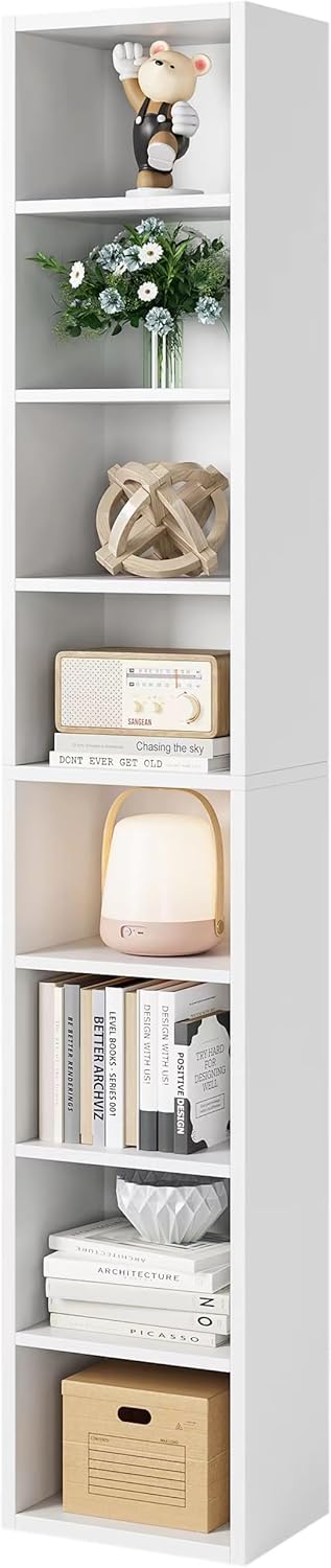 Bamjoy 71 Inches Tall Narrow Bookshelf, 8-Tier CD DVD Slim Media Tower Rack, Corner Bookcase with Adjustable Shelves, Skinny Cubes Bookshelves for Home Office Small Space, White