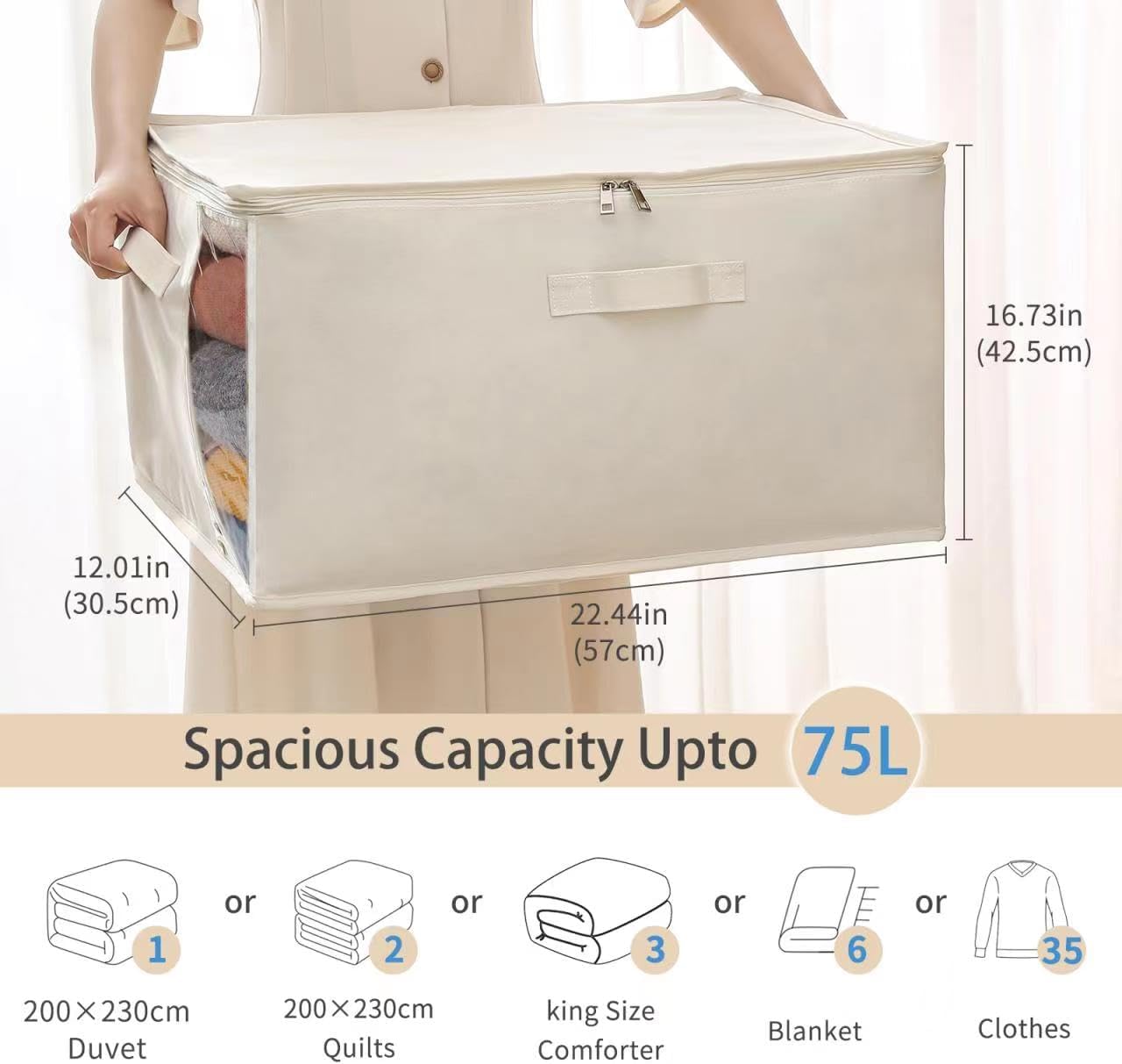 Canvas Comforters Bags Closet Organizers and Storage for Quilts Clothes Organization Containers Bins with Sturdy Zipper, Clear Window 75L for Sweaters Blankets Storage Bedroom Collapsible 6Pack