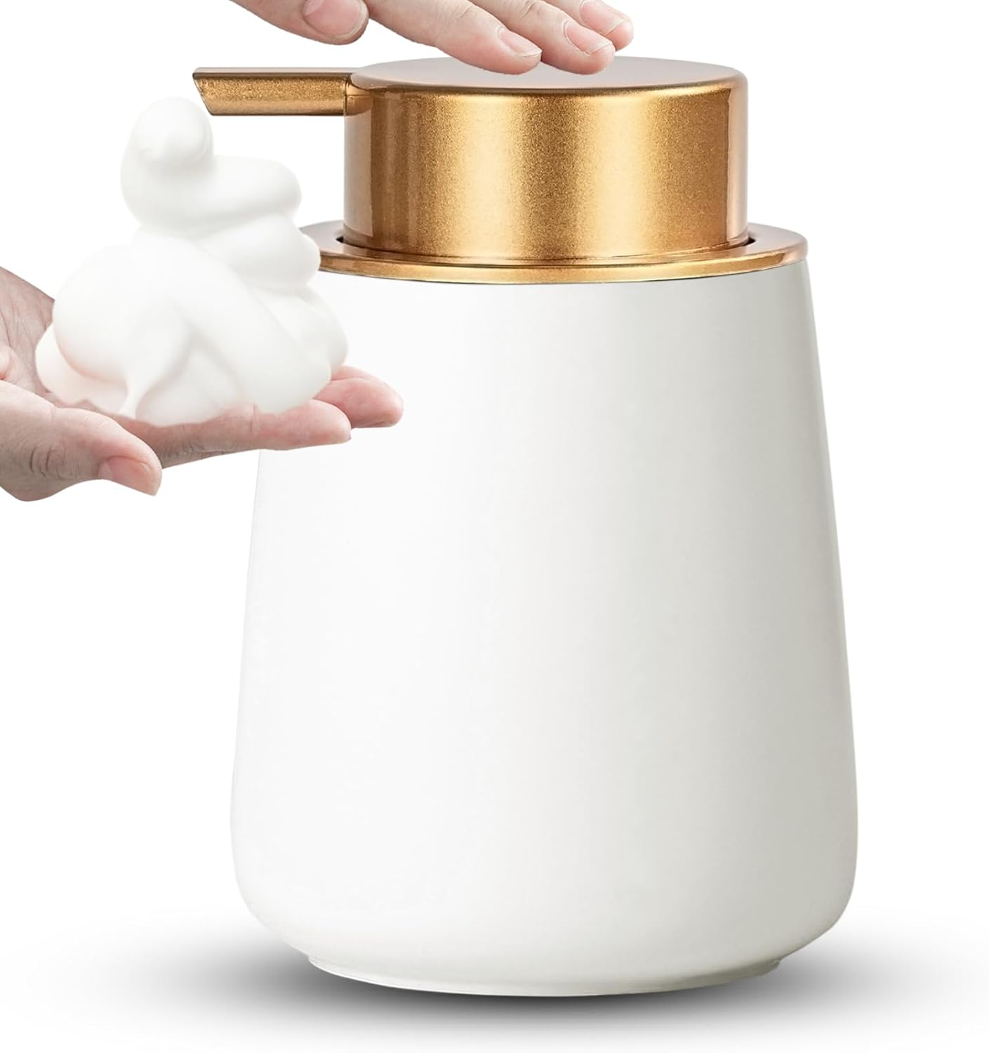 Foaming Soap Dispenser - 12 Oz White Ceramic Foam Hand Soap Dispenser for Bathroom, Face Wash Dispenser Bottle with Matte Golden Foam Pump, Refillable Lotion Dish Dispenser for Kitchen