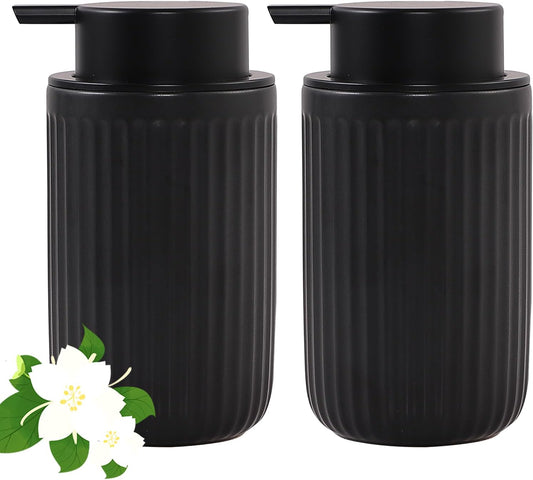 Black Soap Dispenser Set- Modern Ceramic Hand Dish Soap Dispenser for Bathroom Refillable Liquid Hand Soap Dispenser with Soap Pump for Lotion Soap for Farmhouse Kitchen Decor Dish 2 Pack
