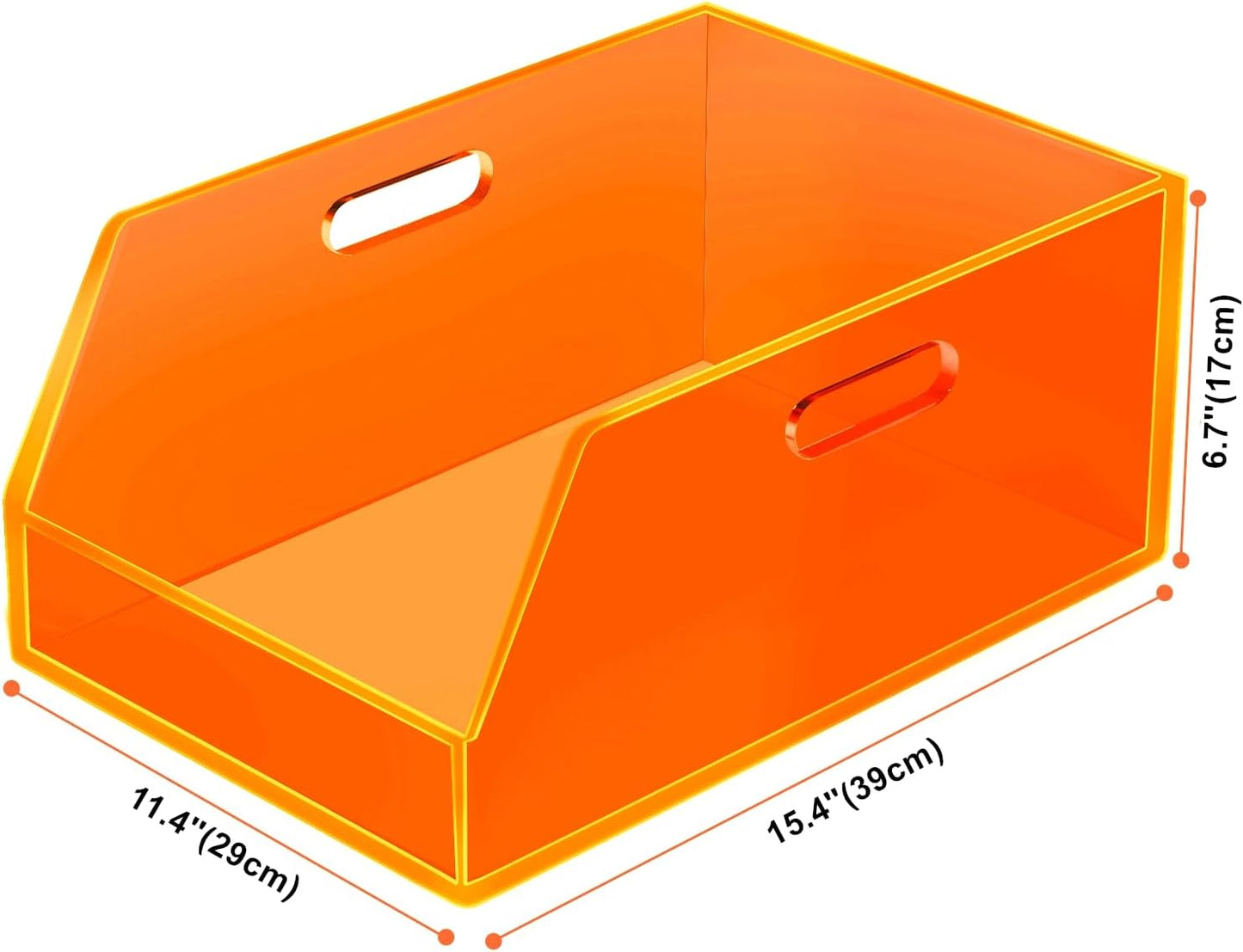 Gelite Stackable Large Storage Bin Organizer with Handles Acrylic Storage Container for Toy Pantry Kitchen Cabinet Bathroom Closet Office Organization, 15.4x11.4x6.7'', Neon Orange