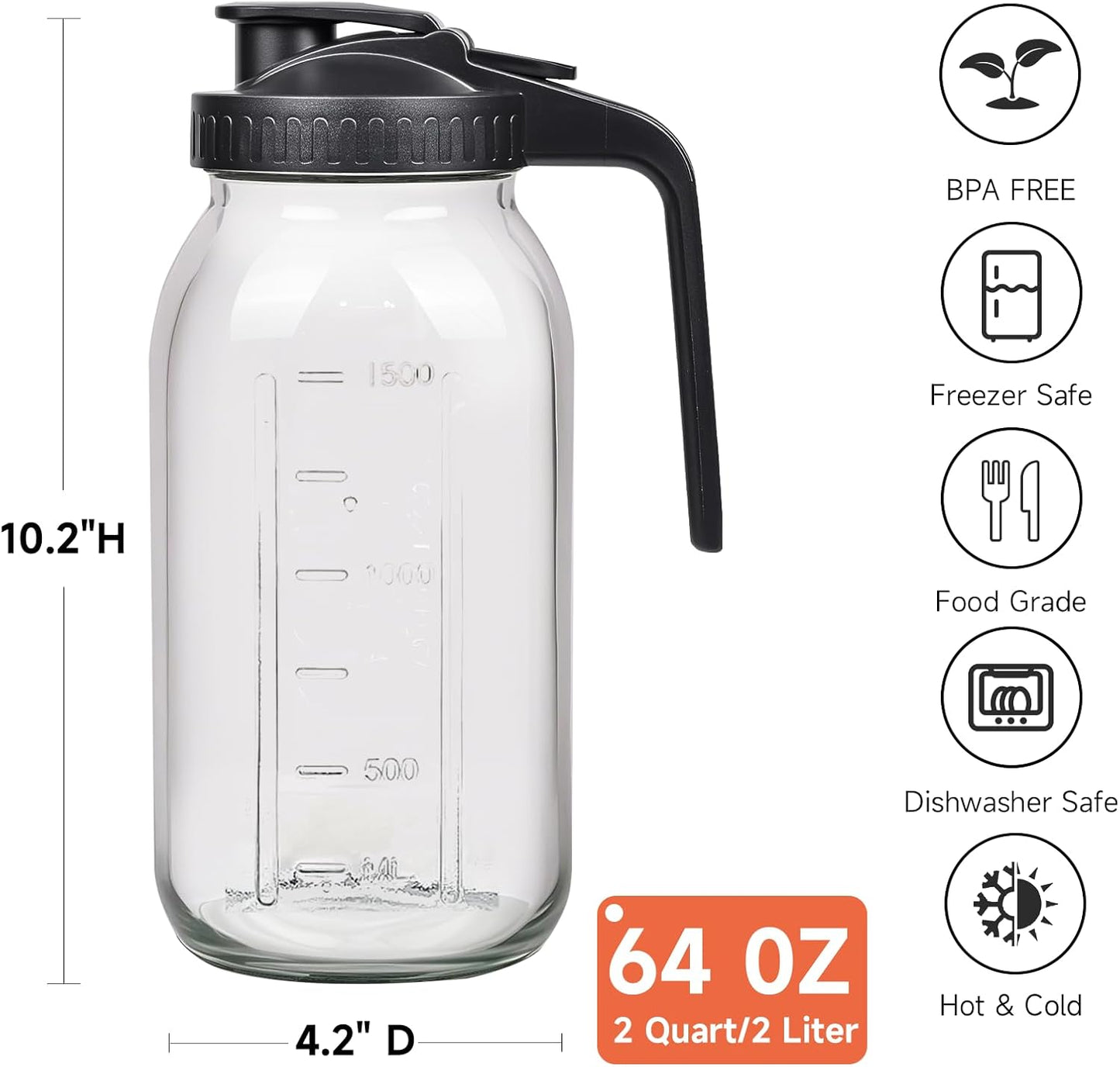 3 Pack 64oz Glass Mason Jar Pitcher with Airtight Lid and Handle – Wide Mouth, Leak-Proof, Ideal for Sun Tea, Cold Brew, Lemonade, Iced Coffee, Milk, and Water (Black)