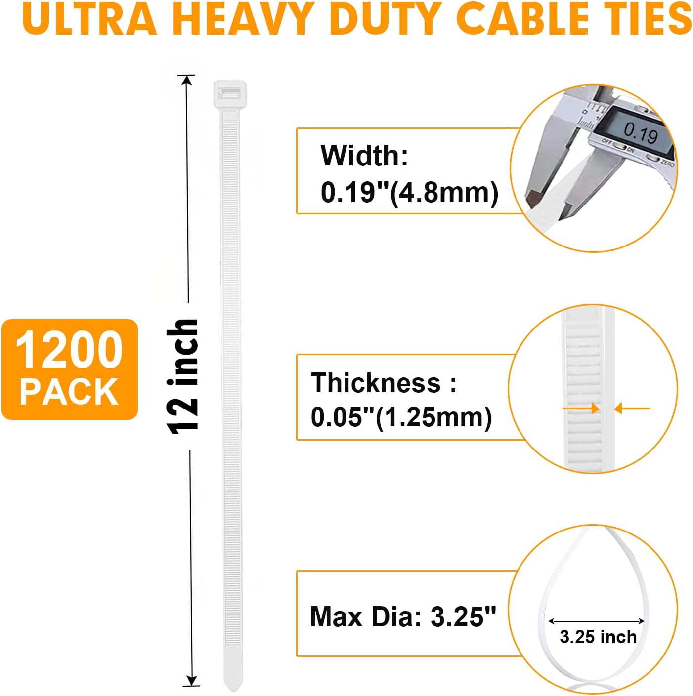 Zip Ties, RAZCC 1200pcs Cable Zip Ties 12 Inch, Heavy Duty White Plastic Wire Ties with 50lb Tensile Strength, Self-Locking Nylon Cable Ties, Wire Management for Indoor and Outdoor