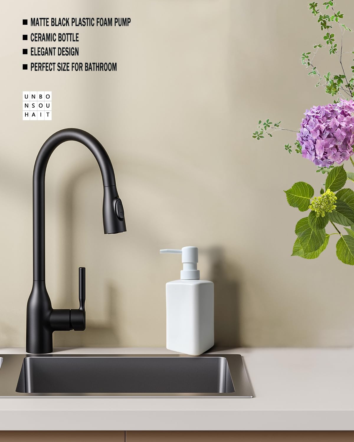 Soap Dispenser for Bathroom & Kitchen, Ceramic with Plastic Pump, Simple Style (White Rectangular)