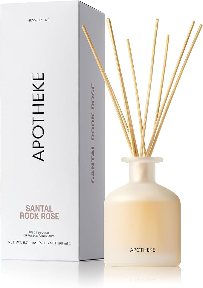 Apotheke Luxury Scented Reed Diffuser for Home, Santal Rock Rose - 6.7 Fl Oz Essential Oil Aromatherapy - 10 Rattan Scent Sticks Room Diffuser - Long-Lasting Fragrance for Bedroom, Home, Bathroom