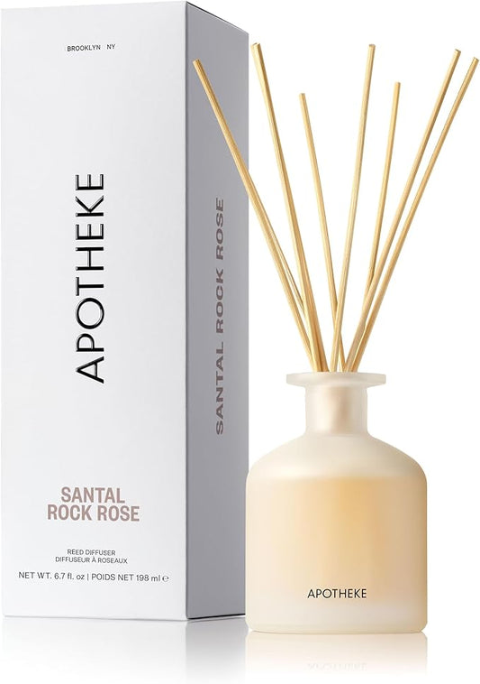 Apotheke Luxury Scented Reed Diffuser for Home, Santal Rock Rose - 6.7 Fl Oz Essential Oil Aromatherapy - 10 Rattan Scent Sticks Room Diffuser - Long-Lasting Fragrance for Bedroom, Home, Bathroom