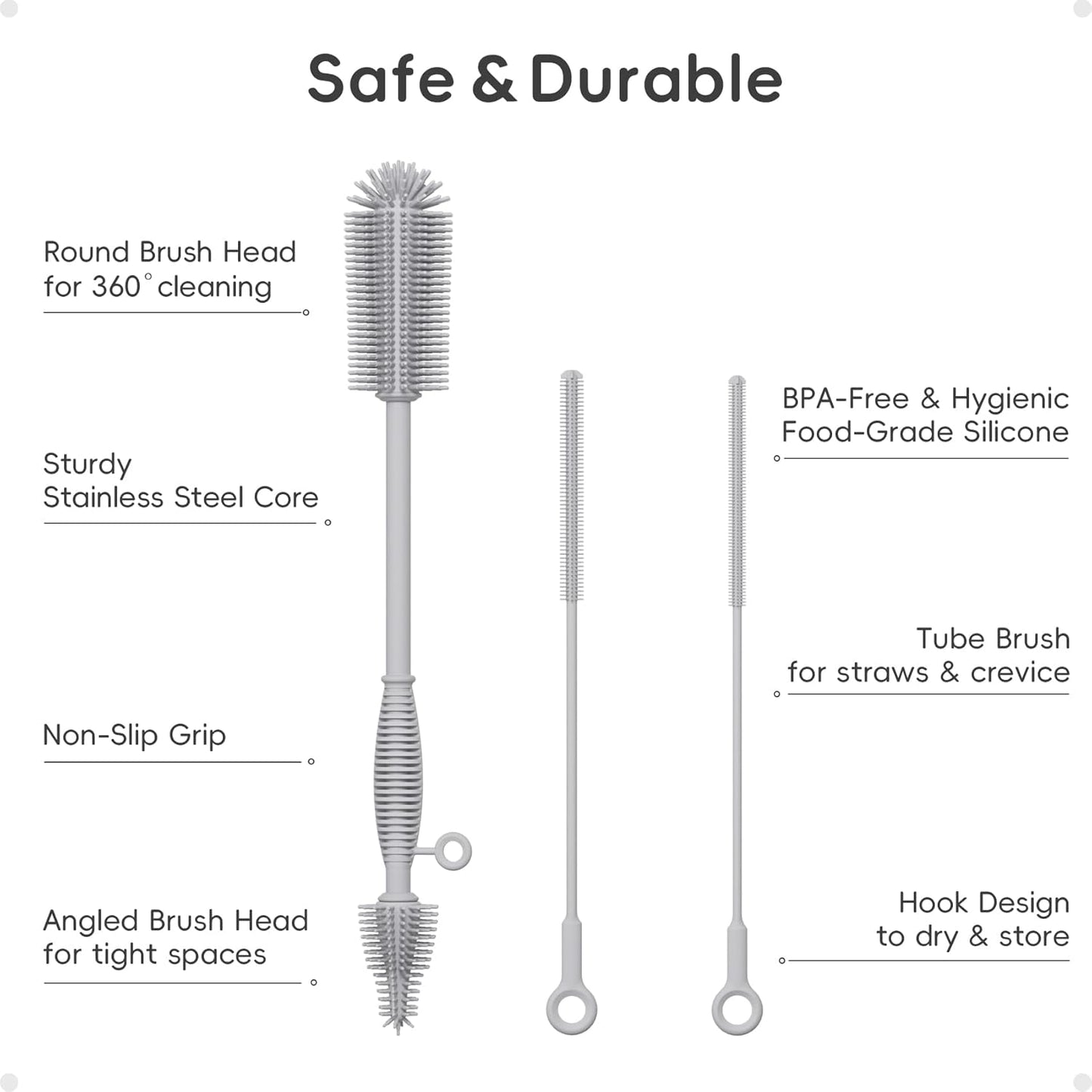 Silicone Cleaning Brush Kit,Water Bottle and Straw Cleaner Brush Set for Tumbler,Baby Bottle,Breast Pump Part,Nipple,Sippy Cup,Glass,Dishwasher Safe,BPA Free,3 Pcs