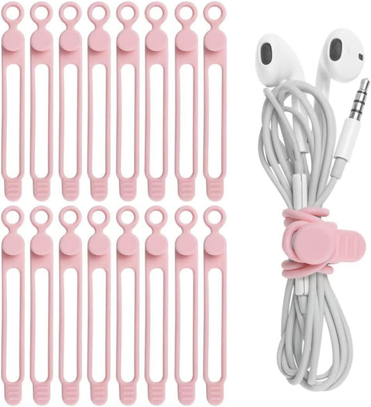 Nearockle 16Pcs Silicone Cable Straps Wire Organizer for Bundling Earphone, Phone Charger, Computer Cords, Reusable Cable Ties Cord Organizer in Home,Office,Kitchen,School(Pink)