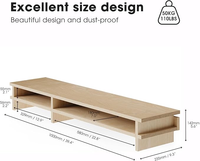 Fenge Dual Monitor Stand, 39.4in Wood Monitor Riser for 2 Monitors, 2 Tiers Desk Shelf with Cable Mangement for Top of Desk, Computer Stand for Laptop, PC, Printer