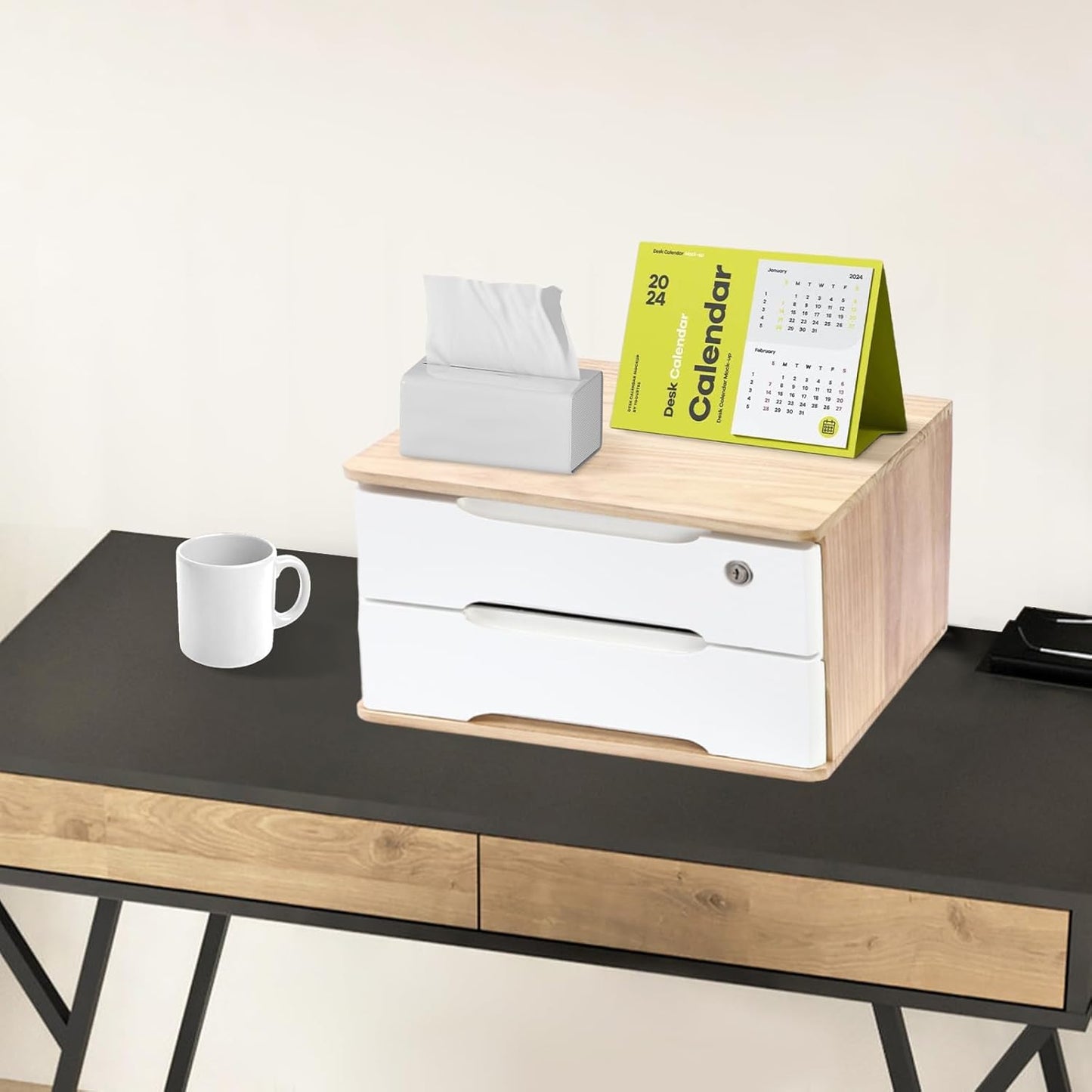 2-Tier Wooden Desktop Storage Box Desk Organizer with 2 Drawers and Lock Countertop Drawers Organizer for Office Supplies File Paper Cosmetic Jewelry, 15.4x11.8x8.5 in (Light Brown and White)