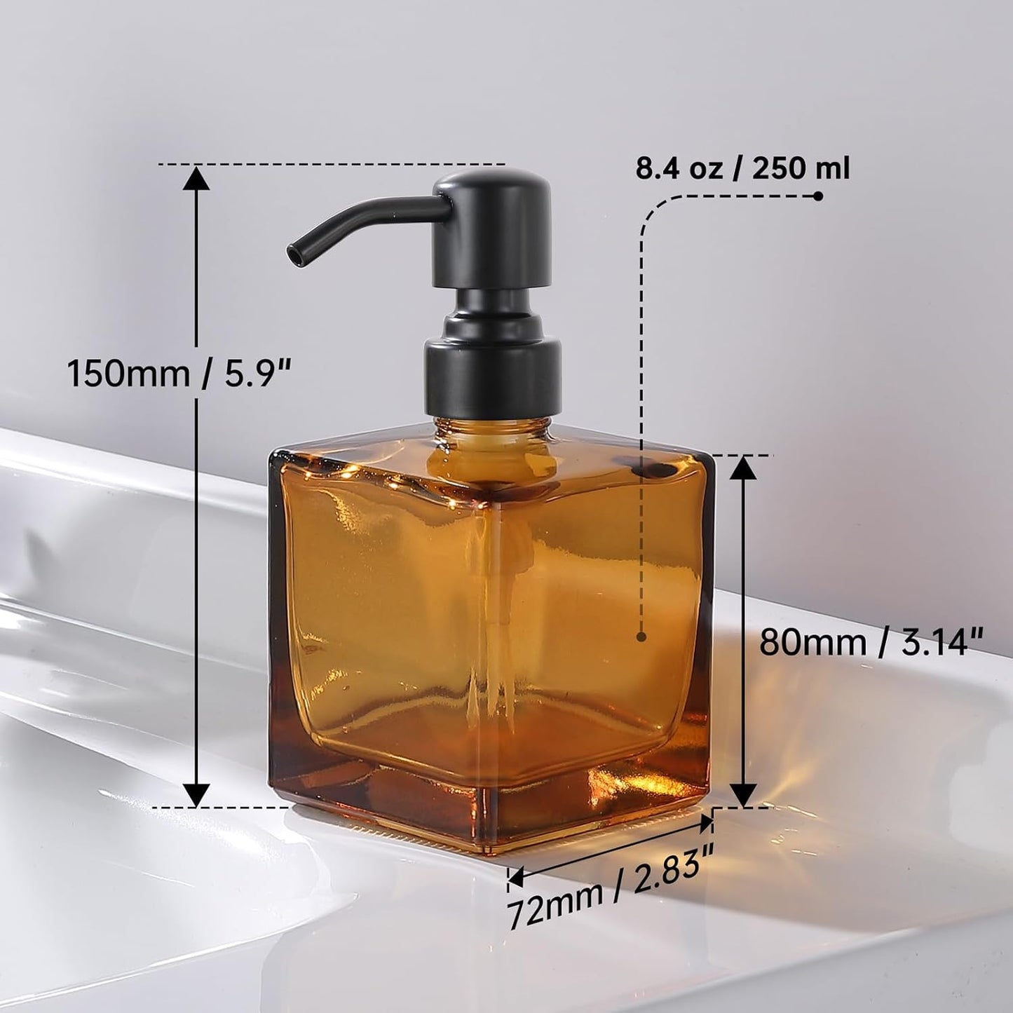 Square Bathroom Soap Dispenser Amber Bottle with Black Pump, Retangle Cube 8.4 oz Glass Bottles with Stainless Steel Pump Hand Liquid Soap Dispenser Kitchen