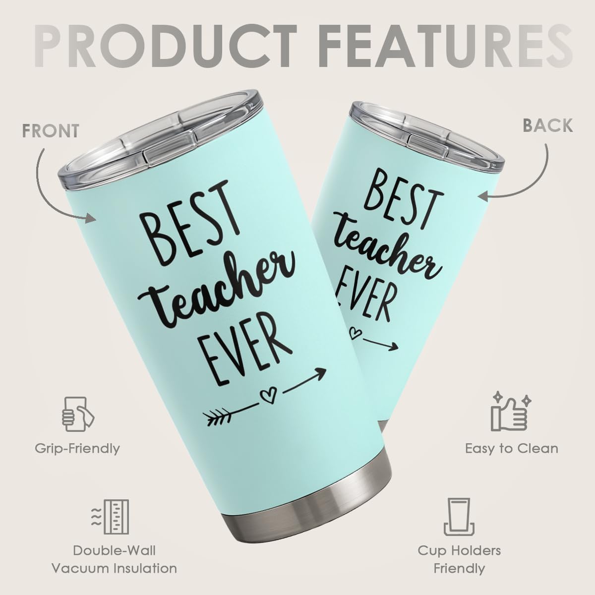 SANDJEST Teacher Tumbler - Best Teacher Ever Travel Coffee Mug Appreciation Gift for Teachers - 20oz Stainless Steel Tumblers Awesome Gifts for Birthday, Christmas, Graduation Day, Back To School