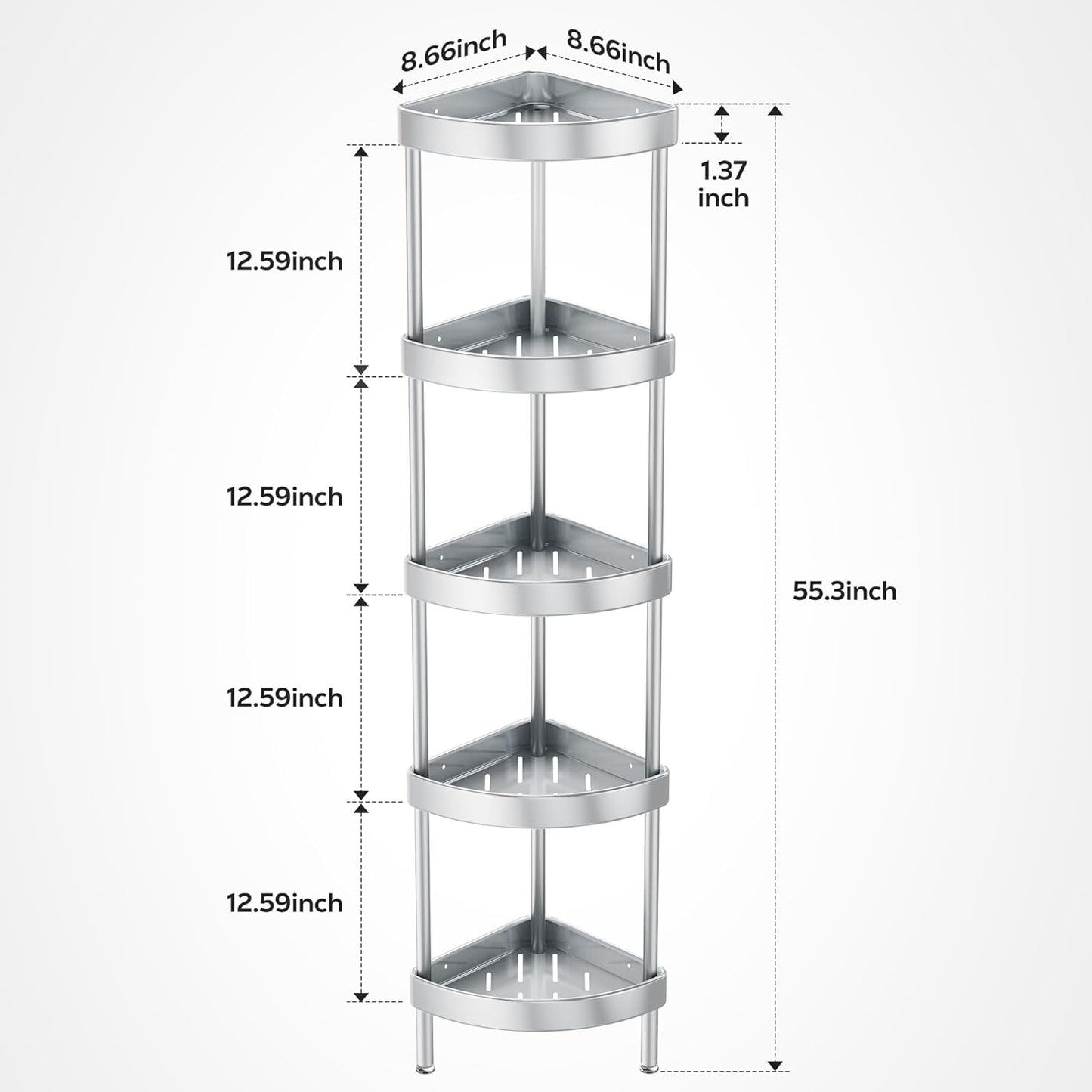 Nieifi Corner Shower Caddy Stand-5 Tier Rustproof Anodized Aluminum Standing Shower Organizer-Shower Caddy Corner-Dual Stability to Anti-Shaking-Height-Adjustable Legs for Uneven Surfaces-Silver