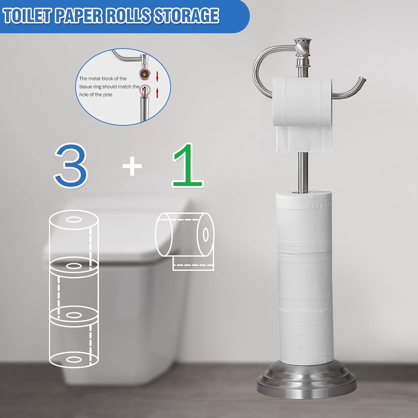 RUMOSE Toilet Paper Holder Stand for Floor, Brushed Nickel Adjustable (12.4" to 22.8") Bathroom Toilet Tissue Holder, Free Standing Toilet Paper Roll Holder with Storage, Stainless Steel