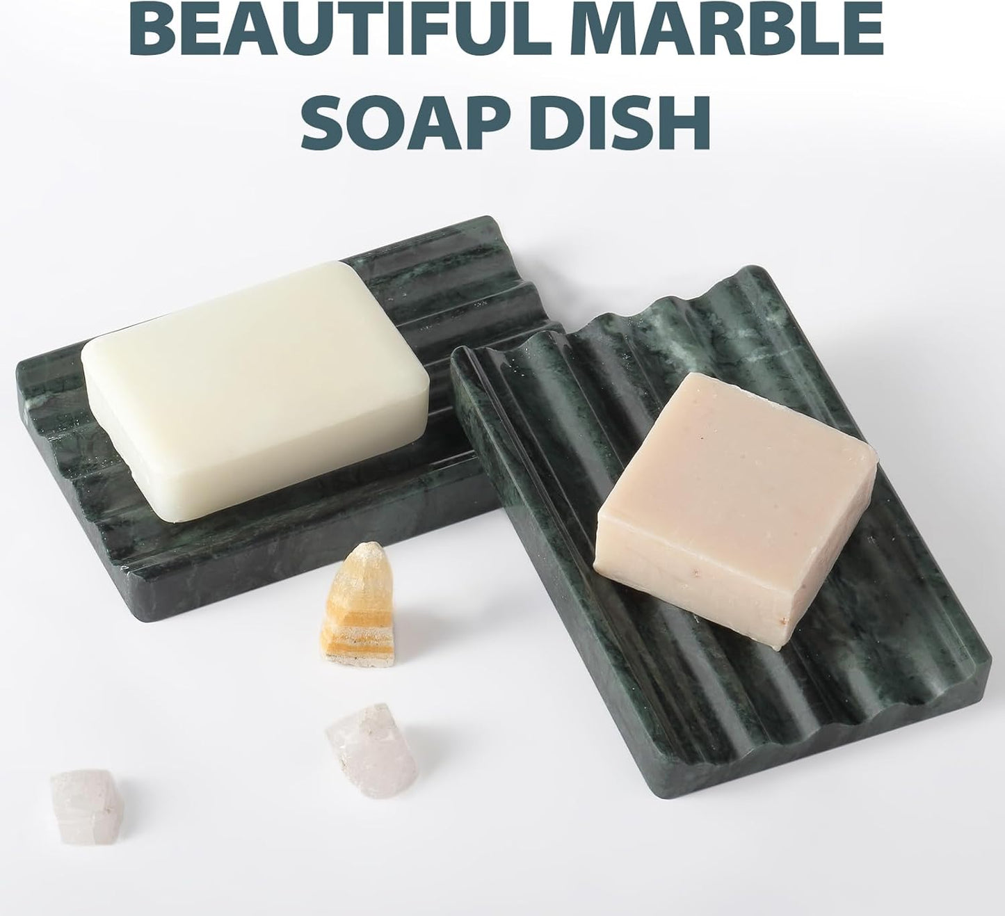2 Pcs Soap Holder for Bathroom, Marble Soap Dish for Kitchen Countertop, Green Soaps Tray with Creative Wavy Design, Soaps Saver for Bath Tub, Sponges, Indian Natural Stone
